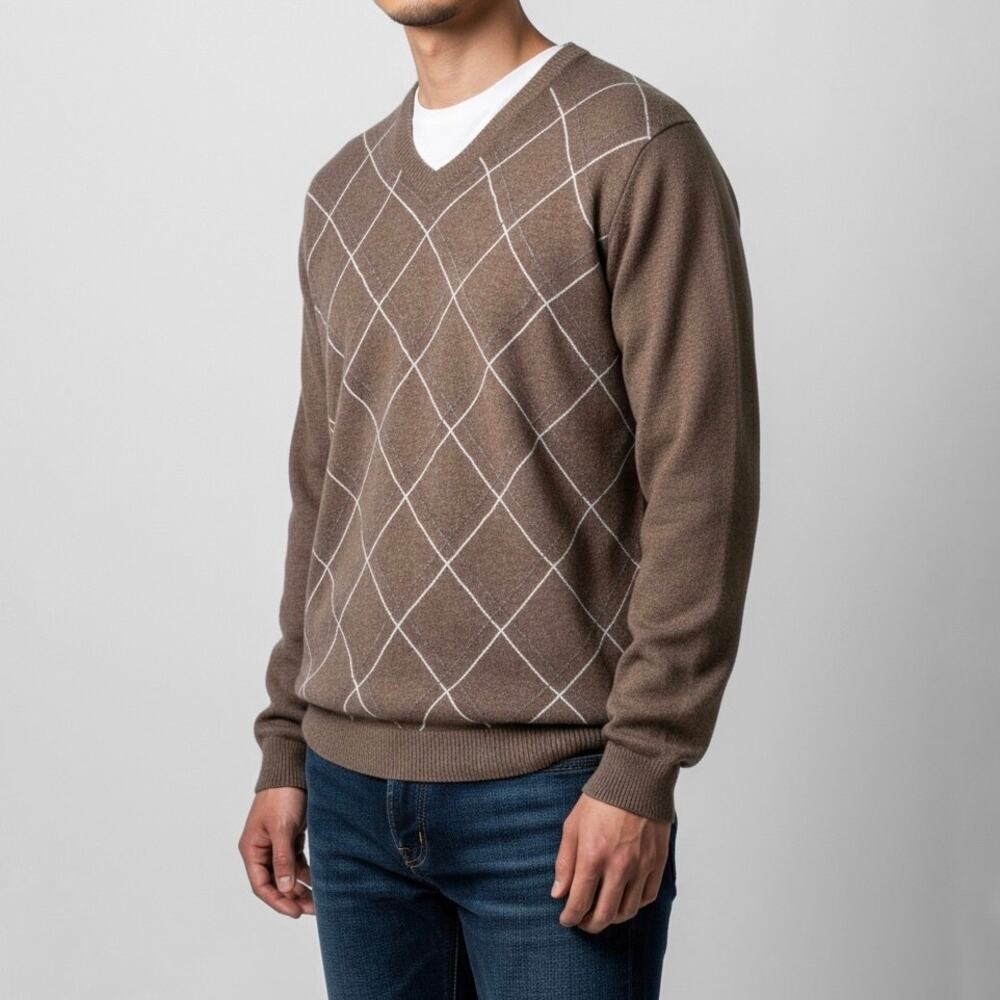 Argyle 100% Cashmere Sweater XL Brown Academia Quiet Luxury Preppy Minimalist